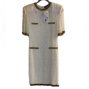 Cream Short-Sleeve Midi Dress with Gold Trim